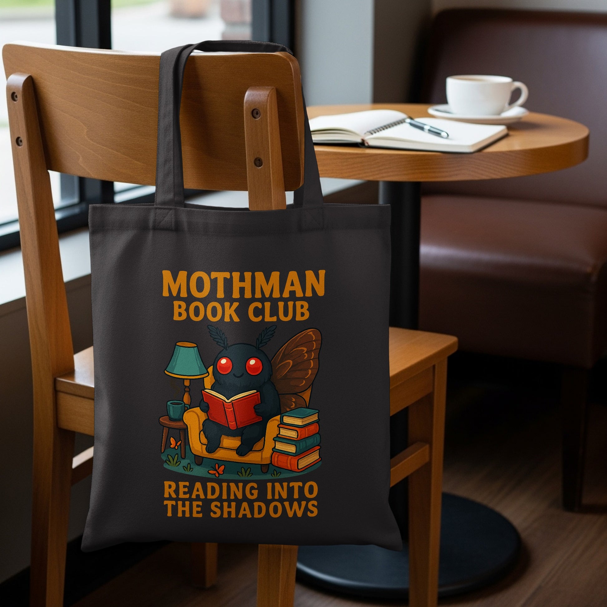 Mothman Book Club Reading Into The Shadows Tote Bag Product