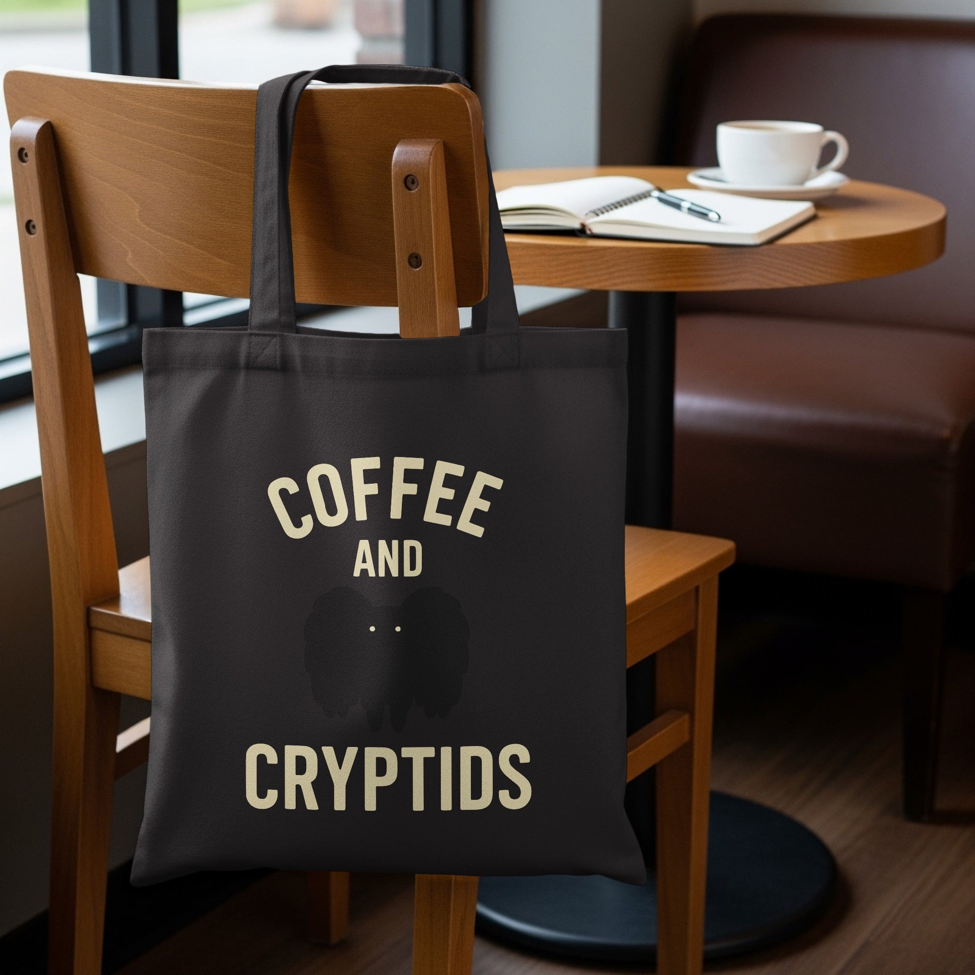 Coffee and Cryptids Design Black Tote Bag product