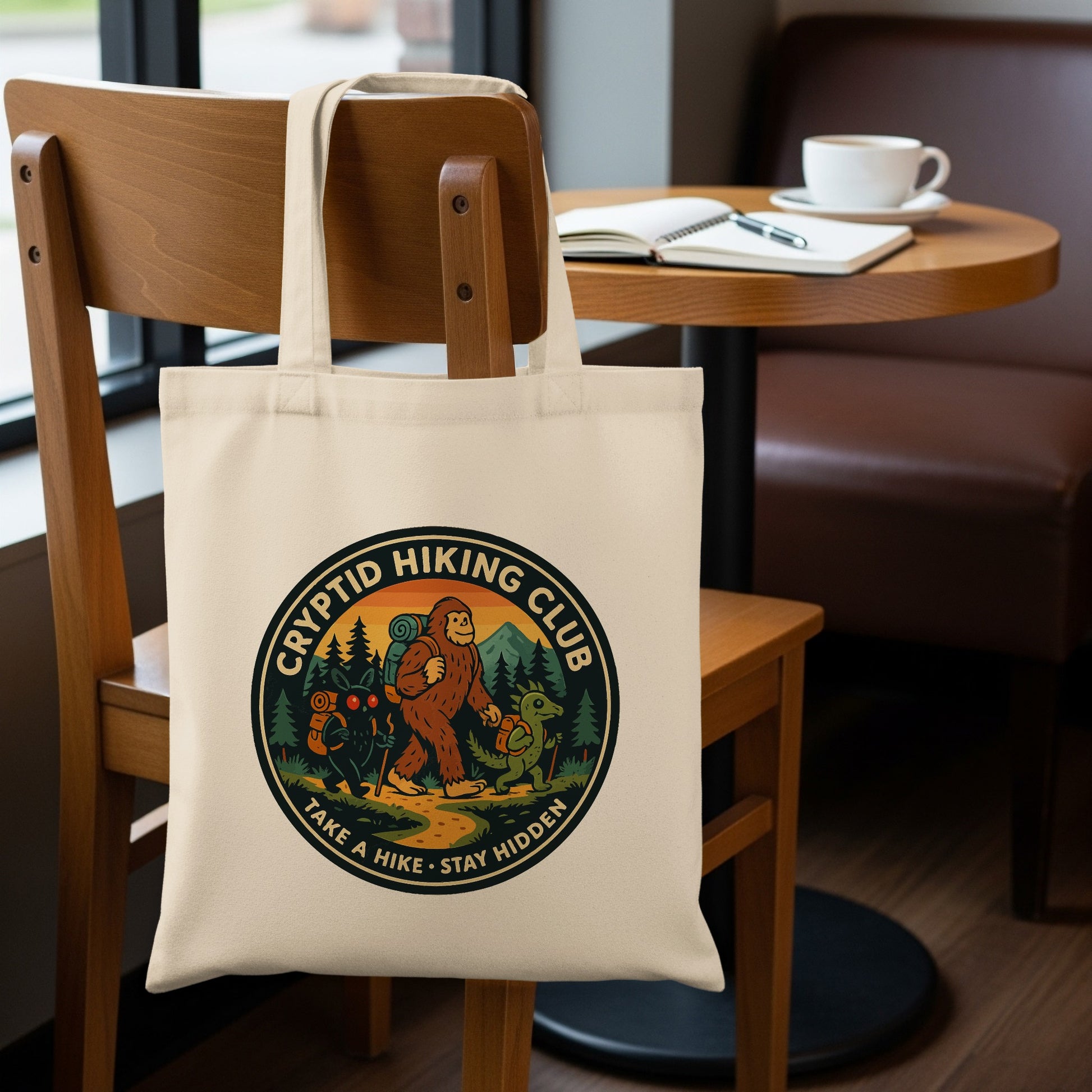 Cryptid Hiking Club Tote Bag Take a Hike Stay Hidden product type