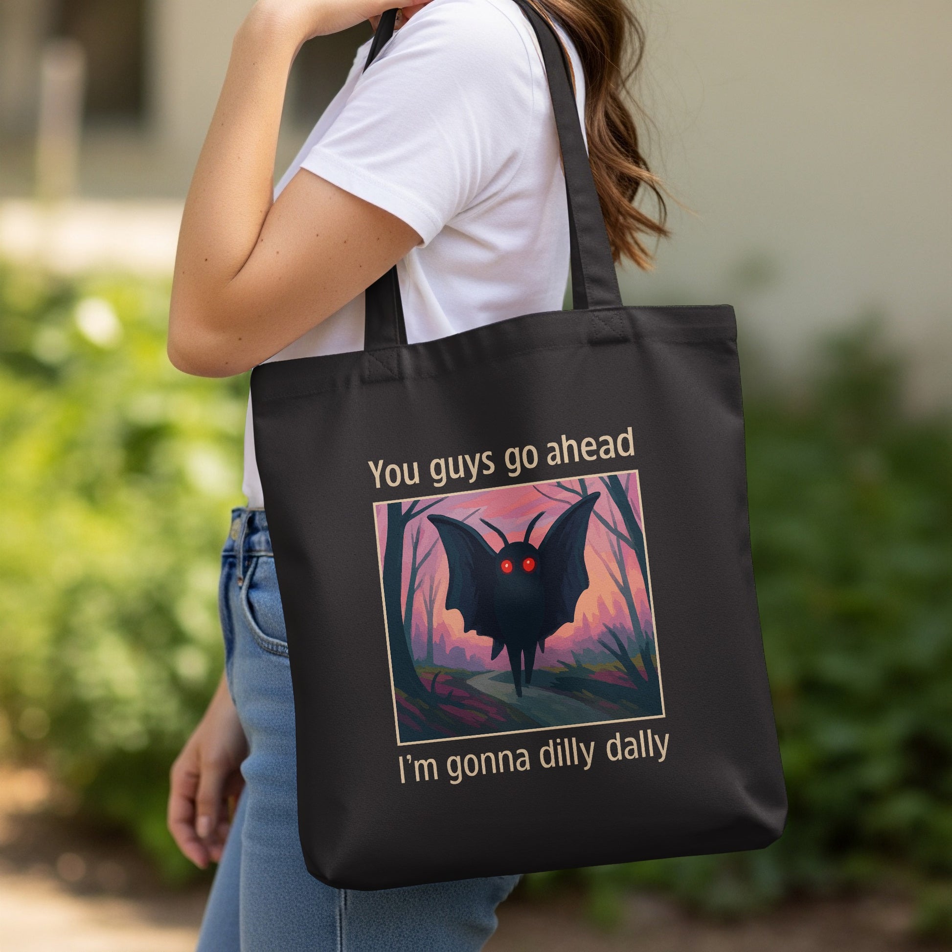 Stylish tote bag with humorous dilly dally design product