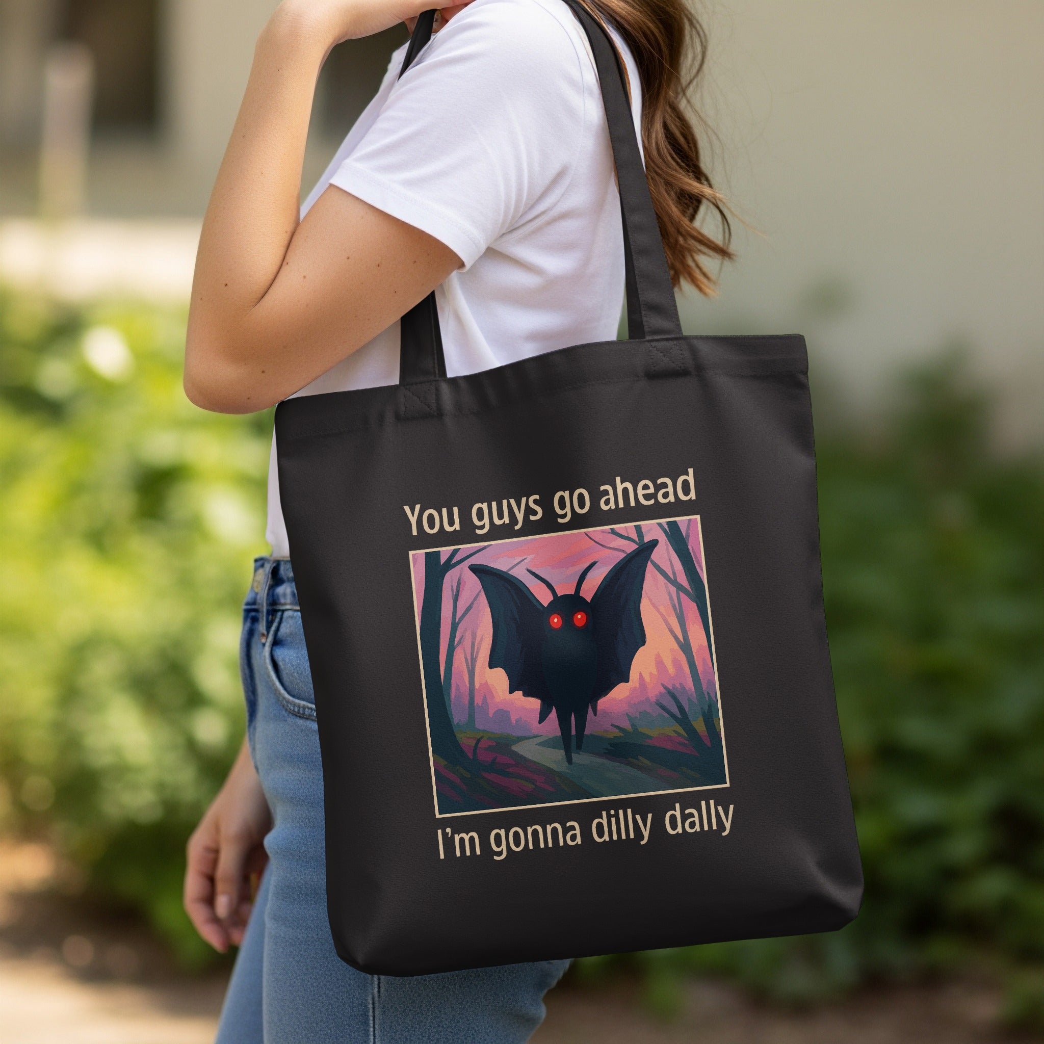 Stylish tote bag with humorous dilly dally design product